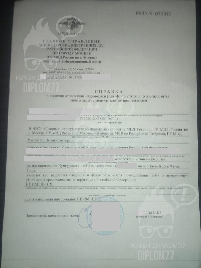 Справка о несудимости ИЦ МВД Пермского края (новый бланк) 2020 год